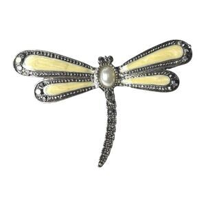 Vintage Liz Claiborne Dragonfly Brooch Cream Enamel Faux Pearl Marcasite Pin